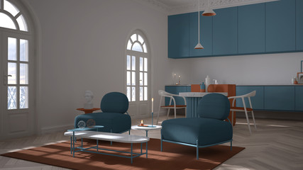 Colored lounge, living room and kitchen in classic room with stucco molded walls and parquet floor. Island with chairs, armchairs with table, carpet. Blue and orange interior design