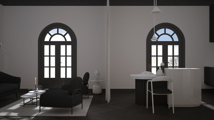 Luxury lounge, living room and kitchen in classic room with stucco molded walls and parquet floor. Island with chairs, armchairs with table and carpet. White and gray interior design