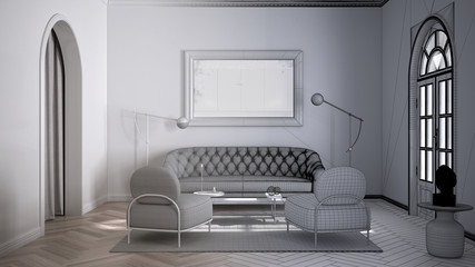 Architect interior designer concept: unfinished project that becomes real, luxury lounge, living room with molded walls and parquet. Armchairs with coffee table, sofa, carpet, mirror