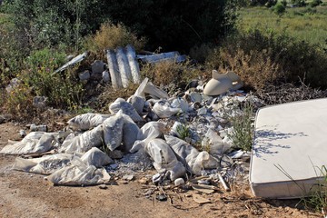 Illegal garbage dump across forest road