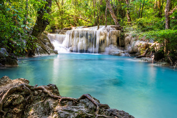 Waterfall and blue emerald water color in Erawan national park. Erawan Waterfall, Beautiful nature...