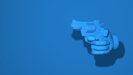 Hand holds revolver, gun. Illustration gesture threat, danger, arrest, robbery, warning. Stylish minimal abstract horizontal scene, place for text. Trendy classic blue color. 3D rendering