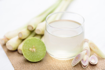 Fresh lemon grass drink and lime fruit, healthy herbal drink	