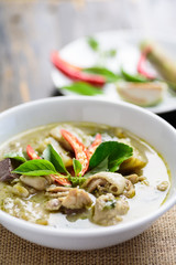 Thai green curry chicken in bowl, Thai food	