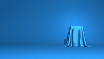 Abstract podium, pedestal. A tall cube is covered with shiny fabric. Stylish minimal abstract horizontal scene, place for text. Trendy classic blue color. 3D rendering