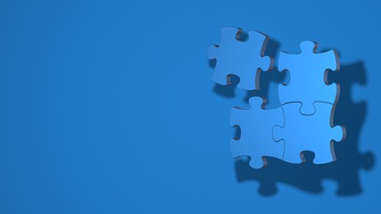 Three pieces of the puzzle are connected, one separately. Stylish minimal abstract horizontal scene, place for text. Trendy classic blue color. 3D rendering
