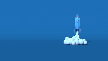 Space rocket cartoon style takes off. Startup business concept. Stylish minimal abstract horizontal scene, place for text. Trendy classic blue color. 3D rendering