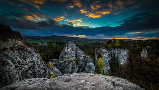 Sunset sunrise at Viewpoint Lvice on Hruba Skala in Bohmisches Paradies, Cesky raj, Czech Republic