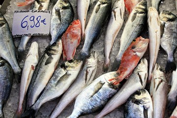 Stall with seafood, selonda,  sea breams, at street market in Athens, Greece.