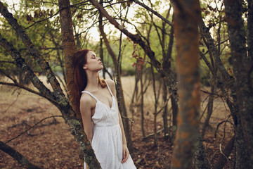 beautiful woman green leaves nature