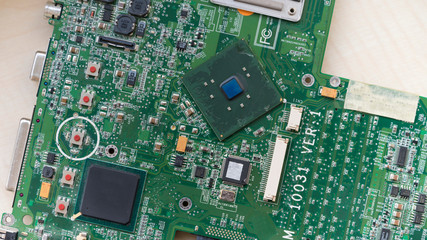 Processor on laptop motherboard in detail.