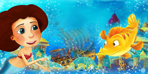 Cartoon ocean and the mermaid in underwater kingdom swimming and having fun - illustration for children