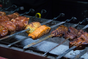 Grilled meat. Grilled fish. Barbecue. Holiday Barbecue. BBQ.