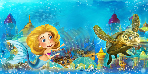 Cartoon ocean and the mermaid in underwater kingdom swimming and having fun - illustration for children