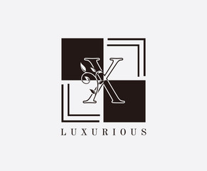 X Letter Classic Vintage Logo. Minimalist X With Classic Leaves and Square Shape design perfect for fashion, Jewelry, Beauty Salon, Cosmetics, Spa, Hotel and Restaurant Logo. 