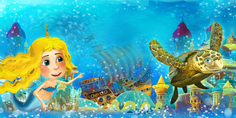 Cartoon ocean and the mermaid in underwater kingdom swimming and having fun - illustration for children