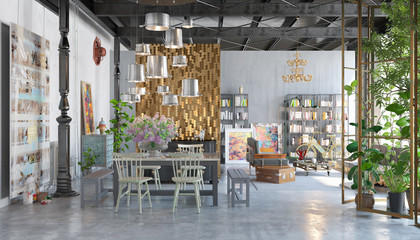 3d Illustation - lichtdurchflutete Loft Wohnung mit großen Fenster - Helles Wohnzimmer mit einem Esstisch