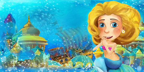 Cartoon ocean and the mermaid in underwater kingdom swimming and having fun - illustration for children