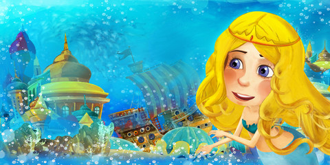 Fototapeta na wymiar cartoon scene with mermaid in the ocean - illustration for children