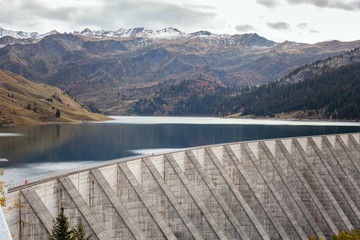 Roselend water dam in french Alps, green energy, electricity generation