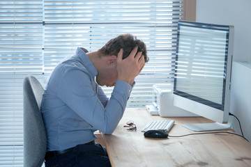 burnout or stress at work, problem, frustrated tired business man near computer, crisis