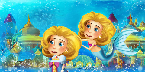 Cartoon ocean and the mermaid in underwater kingdom swimming and having fun - illustration for children