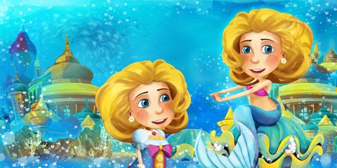 Fototapeta premium Cartoon ocean and the mermaid in underwater kingdom swimming and having fun - illustration for children