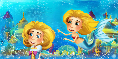 Fototapeta na wymiar Cartoon ocean and the mermaid in underwater kingdom swimming and having fun - illustration for children