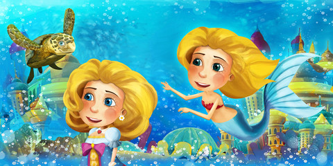 Cartoon ocean and the mermaid in underwater kingdom swimming and having fun - illustration for children