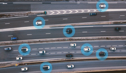 smart cars driving on the road, driverless vehicles, aerial top view from above