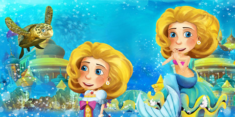 Fototapeta premium Cartoon ocean and the mermaid in underwater kingdom swimming and having fun - illustration for children