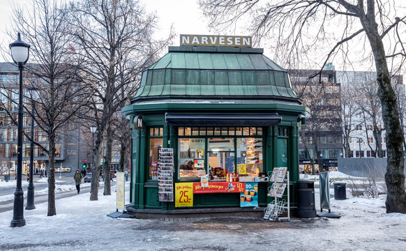 OSLO, NORWAY -March 16, 2018: The old Narvesen newsstand shop in Eidsvollsplass, Karl Johans street in Oslo, buildt in 1914.