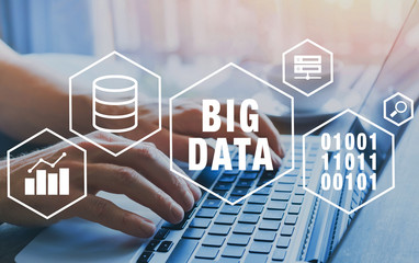 big data concept diagram with icons, hands using computer on background