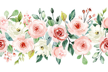 Obraz na płótnie Canvas Watercolor flowers, pink, white roses. Floral summer repeat border for printing invitations, greeting cards, wall art, stickers and other. Isolated on white. Hand painted. 