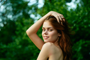 beautiful woman green leaves nature