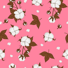 Seamless pattern with cotton plant on a pink background. Vector graphics.