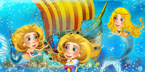 Cartoon ocean scene and the mermaid princess in underwater kingdom swimming and having fun near the sunken pirate ship - illustration for children