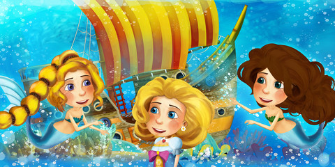 Cartoon ocean scene and the mermaid princess in underwater kingdom swimming and having fun near the sunken pirate ship - illustration for children