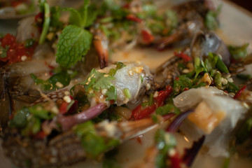 Close up of spicy blue crab salad.
