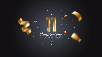 11th anniversary celebration Gold numbers with dotted halftone, shadow and sparkling confetti. modern elegant design with black background. for wedding party event decoration. Editable vector EPS 10