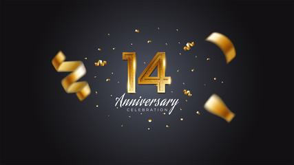 14th anniversary celebration Gold numbers with dotted halftone, shadow and sparkling confetti. modern elegant design with black background. for wedding party event decoration. Editable vector EPS 10