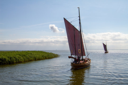 Historic sailboat with a brown sail and a second sailboat in the background leaves the shore and r drives past the reeds to the open inland sea.