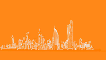 Kuwait City Modern Skyline Orange Line Art Illustration