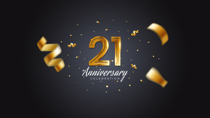 21st anniversary celebration Gold numbers with dotted halftone, shadow and sparkling confetti. modern elegant design with black background. for wedding party event decoration. Editable vector EPS 10