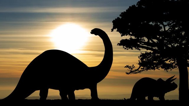Dinosaurs: Time Lapse at Sunset with Dark Silhouette of Prehistoric Creature and Colorful Sky