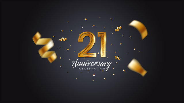 21st anniversary celebration Gold numbers with dotted halftone, shadow and sparkling confetti. modern elegant design with black background. for wedding party event decoration. Editable vector EPS 10