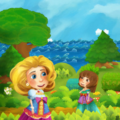 cartoon forest scene with princess standing on the path near the shore of ocean or sea - illustration for children