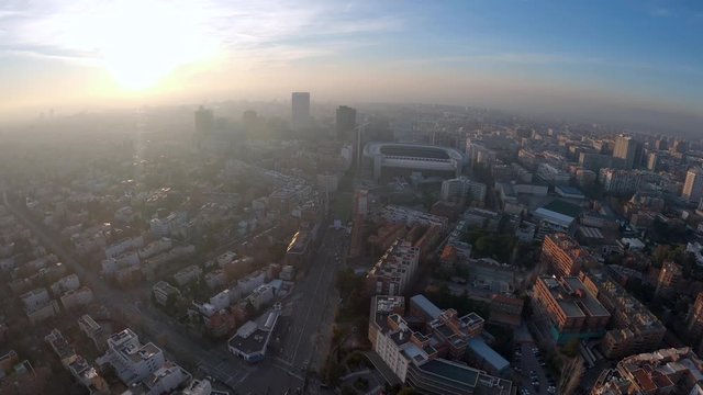 View of the Madrid city from a helicopter, there is a lot of pollution