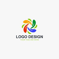 Circle hand logo design. Group abstract symbol. Full color people care vector icons.