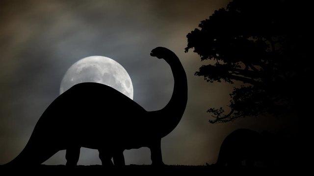Dinosaurus by Night with Full Moon in Prehistoric Landscape, Vision of Ancient World Concept
